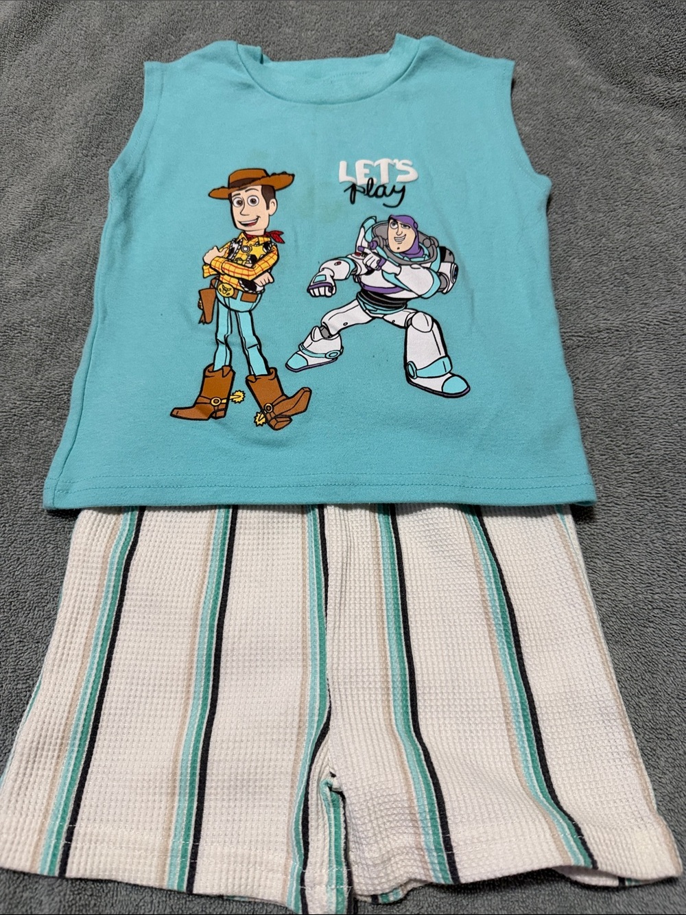 Disney Light Blue Toy Story Sleeveless Pajama Set with Cream Striped Shorts